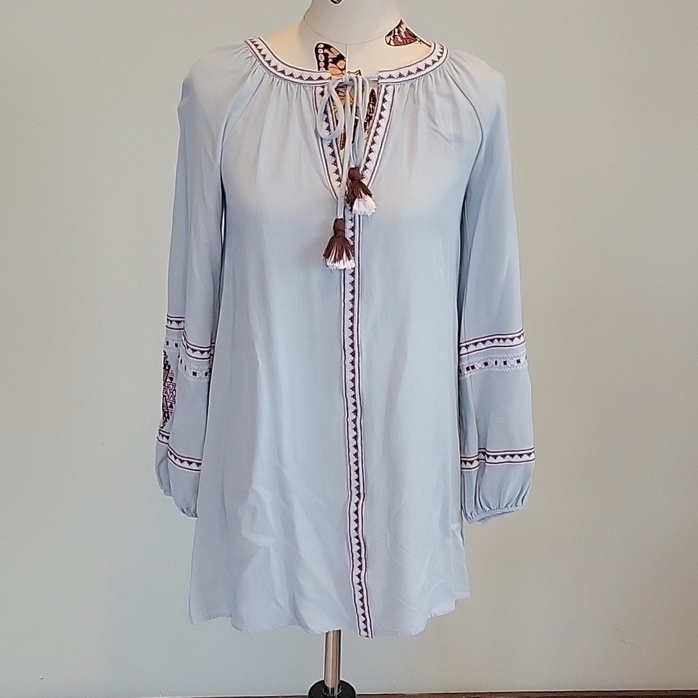 Blue RAIN boho blue top with embroidered sleeves and tassle ties size XS